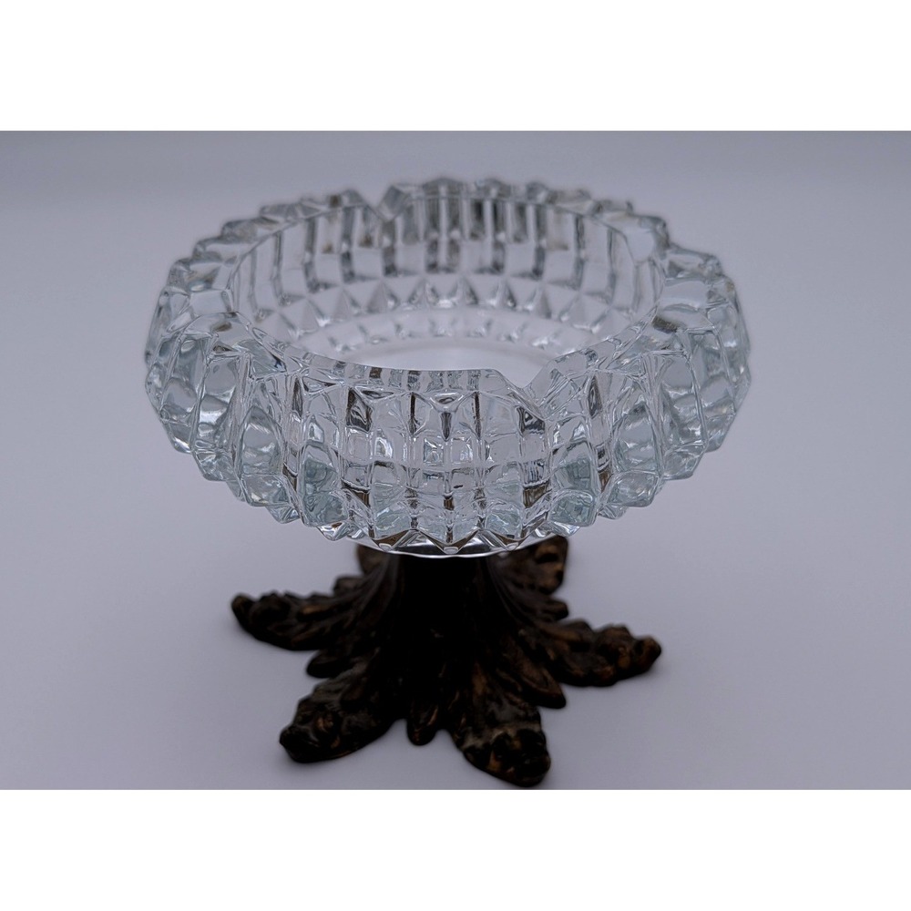 Vintage Cut Glass Ashtray on Ornate Pedestal Base Bronze Tone Metal Mid Century